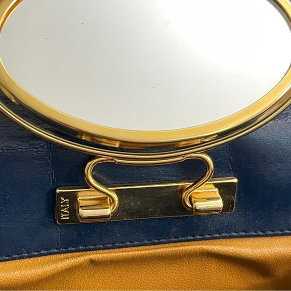 Lou Taylor Navy Clutch Wristlet with Swivel Interior Gold Mirror Italy Vintage - Picture 14 of 16